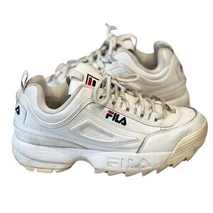 Retro Fila White Leather Sneakers Shoes 9 Thick Sole Platform Y2K Dad Sneakers